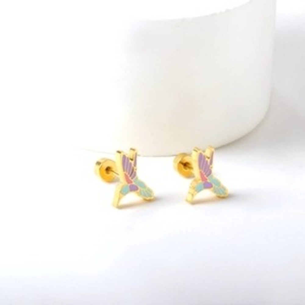 Hummingbird Stud Earrings Stainless Steel Gold Enamel Flat Screw‎ Back Bird